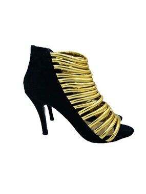 Torrid Shoes Womens Size 8 Wide Black Gold Ankle Booties Heels Zip Peep Toe
